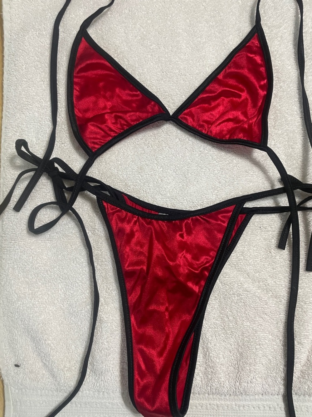 Red Satin Triangle Bikini with Black Trim - Women Swim Bikini